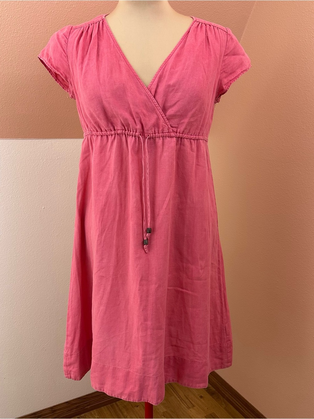 Boden 100% Linen Pink Empire Waist Dress Womens 12 Short Sleeve V Neck